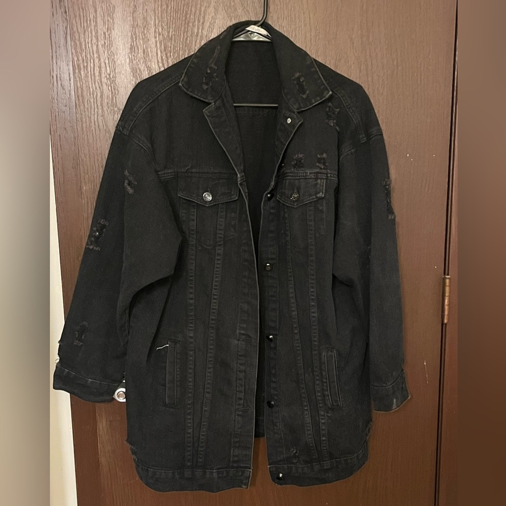 Bottlette distressed denim style long shacket jacket